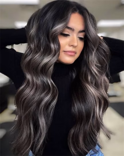 Grey Balayage with Silver Highlights on Black Hair e1762953014853